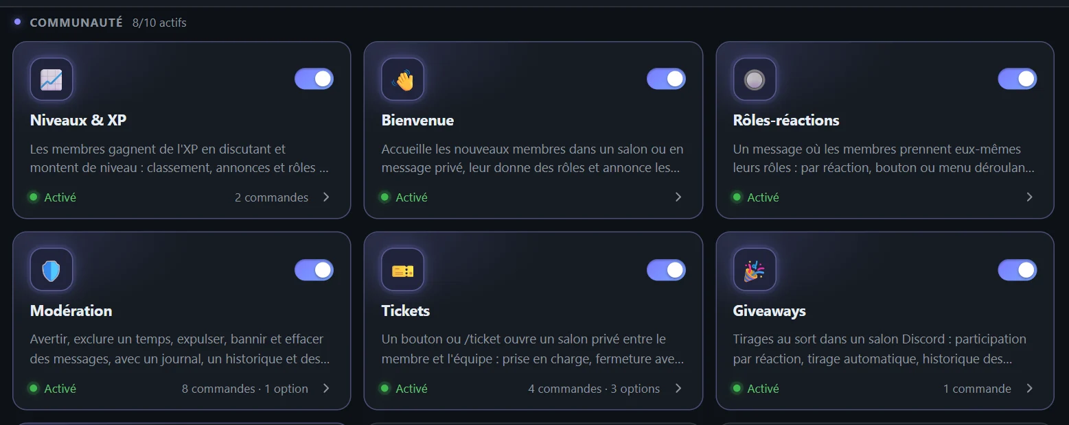 L'écran Modules : un interrupteur par module