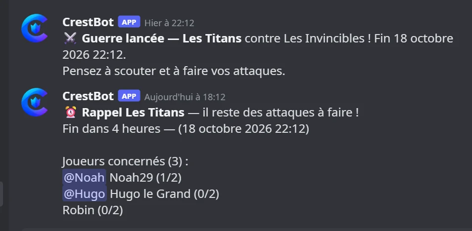 Sur Discord : le bot annonce la guerre, puis rappelle leurs attaques à ceux qui ne les ont pas faites