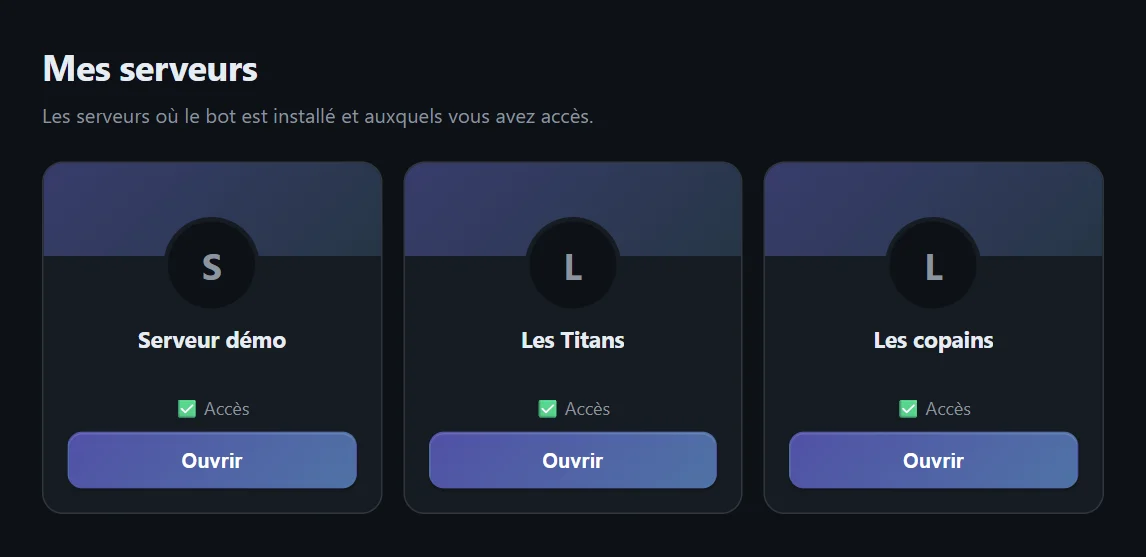 La page « Mes serveurs » : une carte par serveur, avec son bouton « Ouvrir »