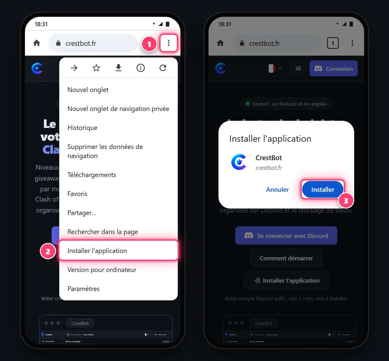 Chrome sur Android : le menu ⋮, « Installer l'application », puis « Installer »