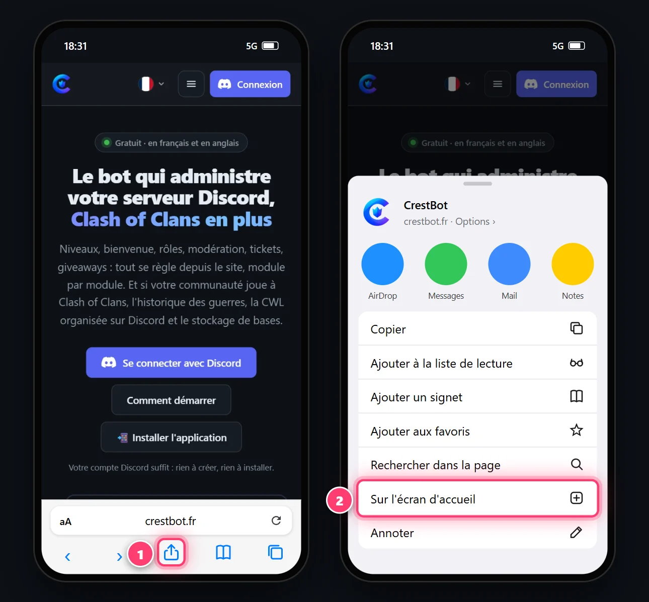 Safari sur iPhone : Partager, puis « Sur l'écran d'accueil »