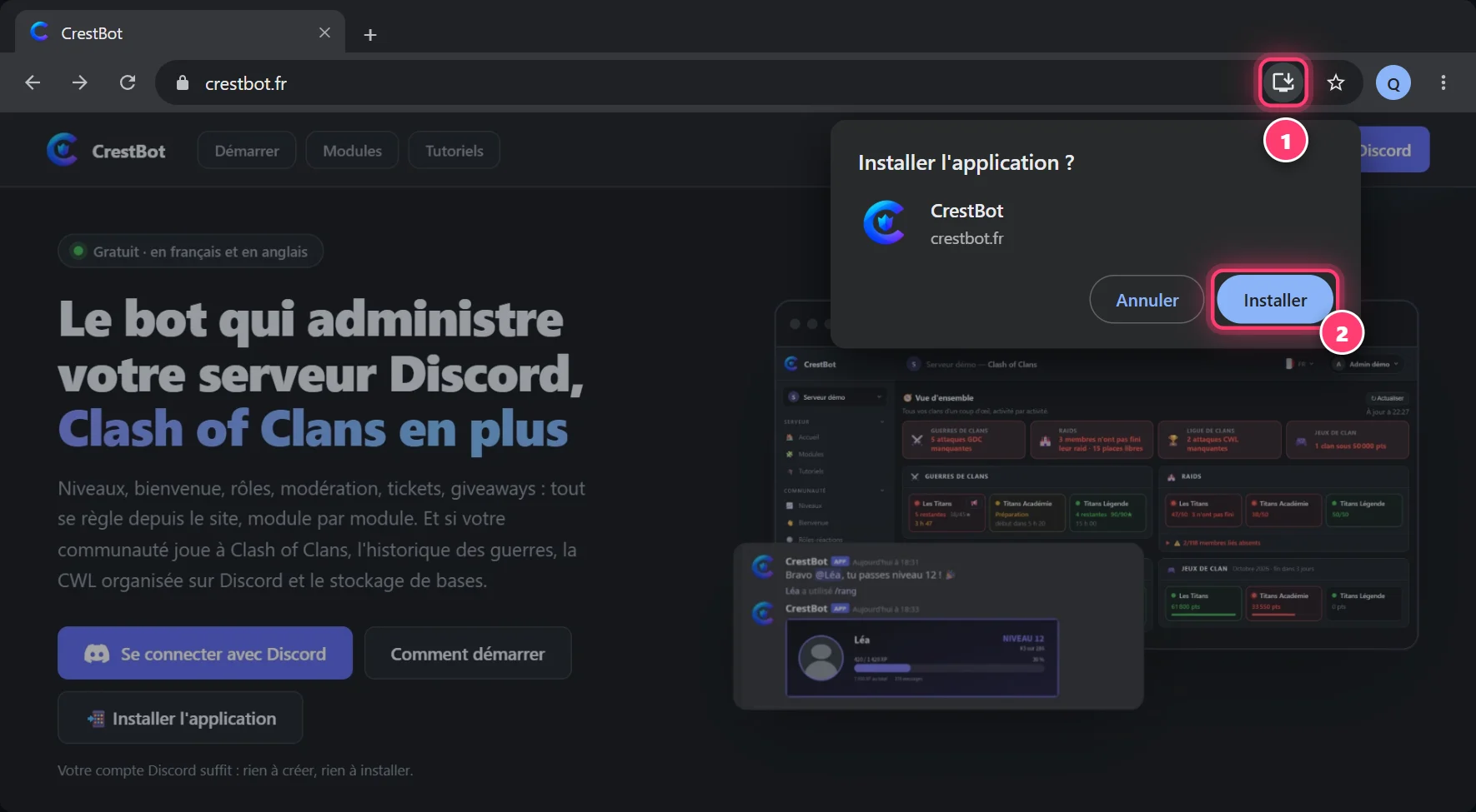 Chrome sur ordinateur : l'icône d'installation au bout de la barre d'adresse, puis « Installer »